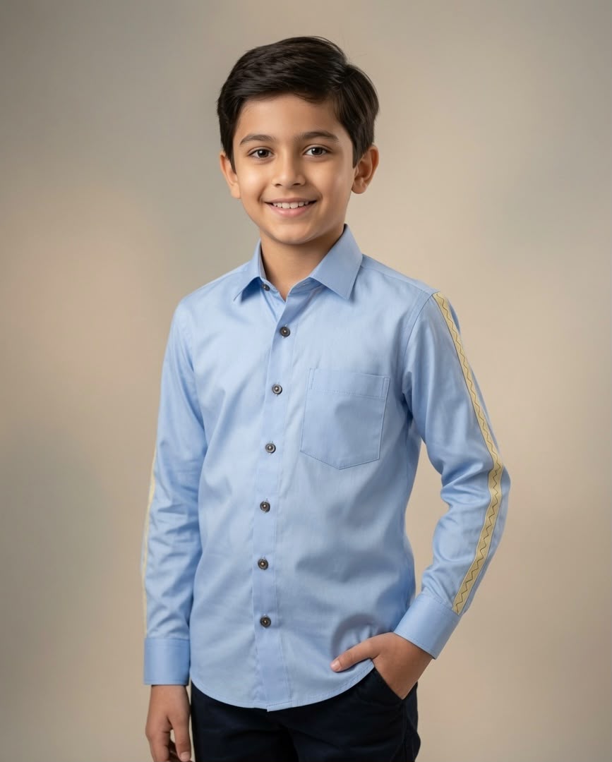 Sabhyashree Boys Light Blue Cotton Casual Shirt with Contrast Sleeve Tape Detail SS-KS-9006