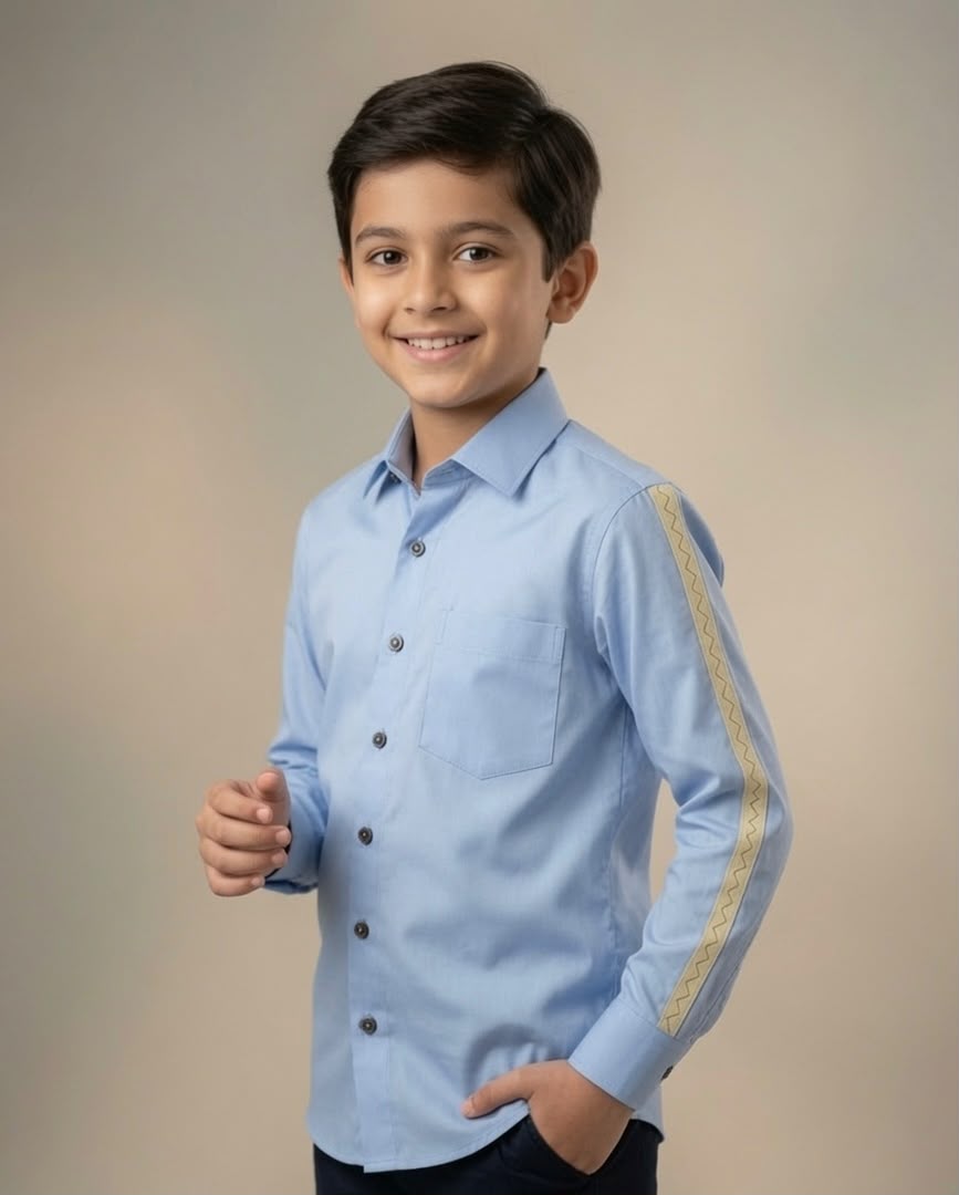 Sabhyashree Boys Light Blue Cotton Casual Shirt with Contrast Sleeve Tape Detail SS-KS-9006