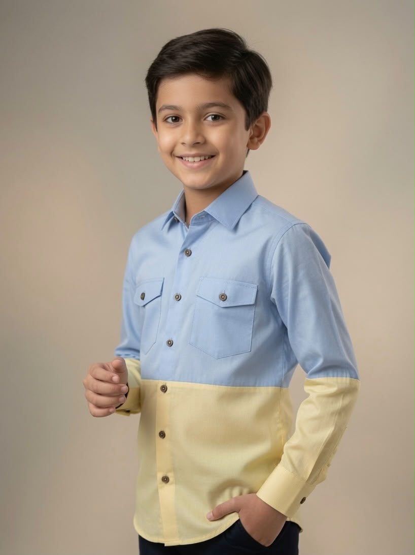 Sabhyashree Boys Light Blue and Yellow Color-Blocked Cotton Casual Shirt SS-KS-9003