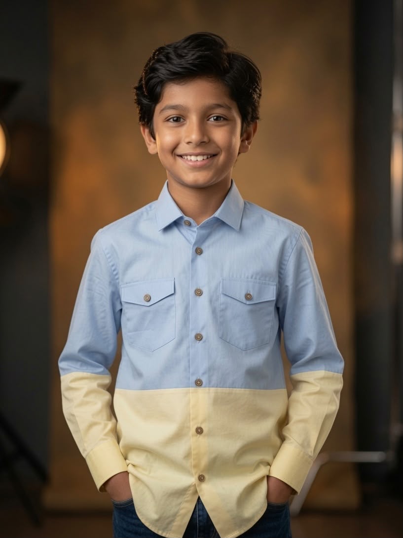 Sabhyashree Boys Light Blue and Yellow Color-Blocked Cotton Casual Shirt SS-KS-9003