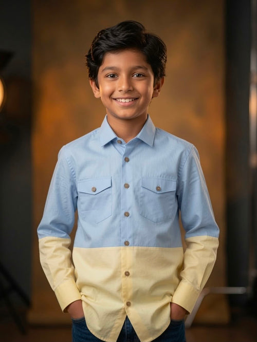 Sabhyashree Boys Light Blue and Yellow Color-Blocked Cotton Casual Shirt SS-KS-9003