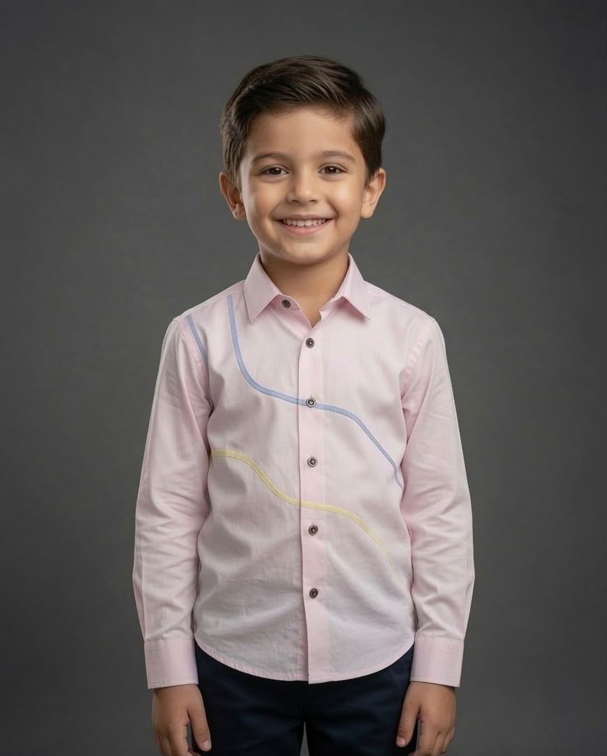 Sabhyashree Boys Light Pink Cotton Casual Shirt with Contrast Wave Detailing SS-KS-9002