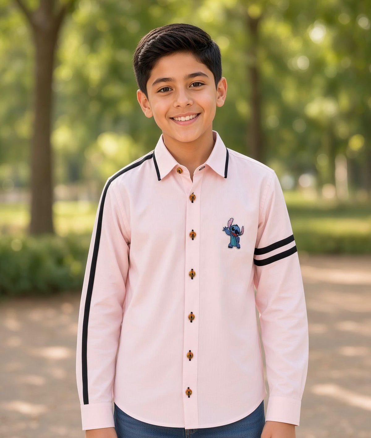 Sabhyashree Boys Light Pink Cotton Casual Shirt with Striped Sleeves & Graphic Motif SS-KS-9009