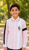 Sabhyashree Boys Light Pink Cotton Shirt with Floral Guitar Motif & Contrast Stripes SS-KS-9001