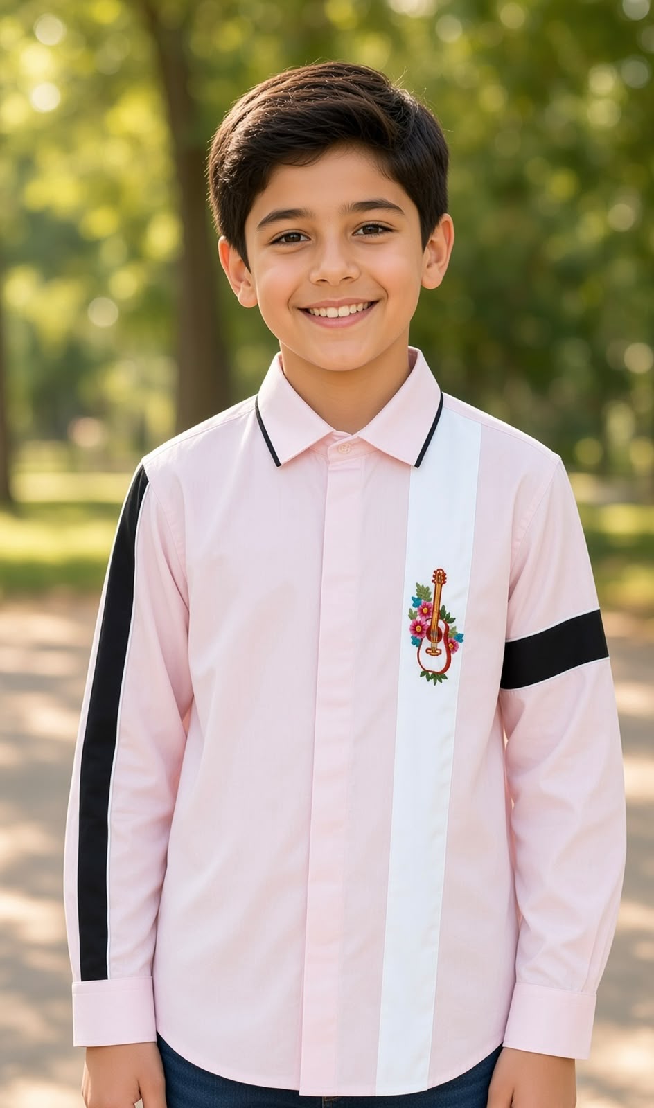 Sabhyashree Boys Light Pink Cotton Shirt with Floral Guitar Motif & Contrast Stripes SS-KS-9001