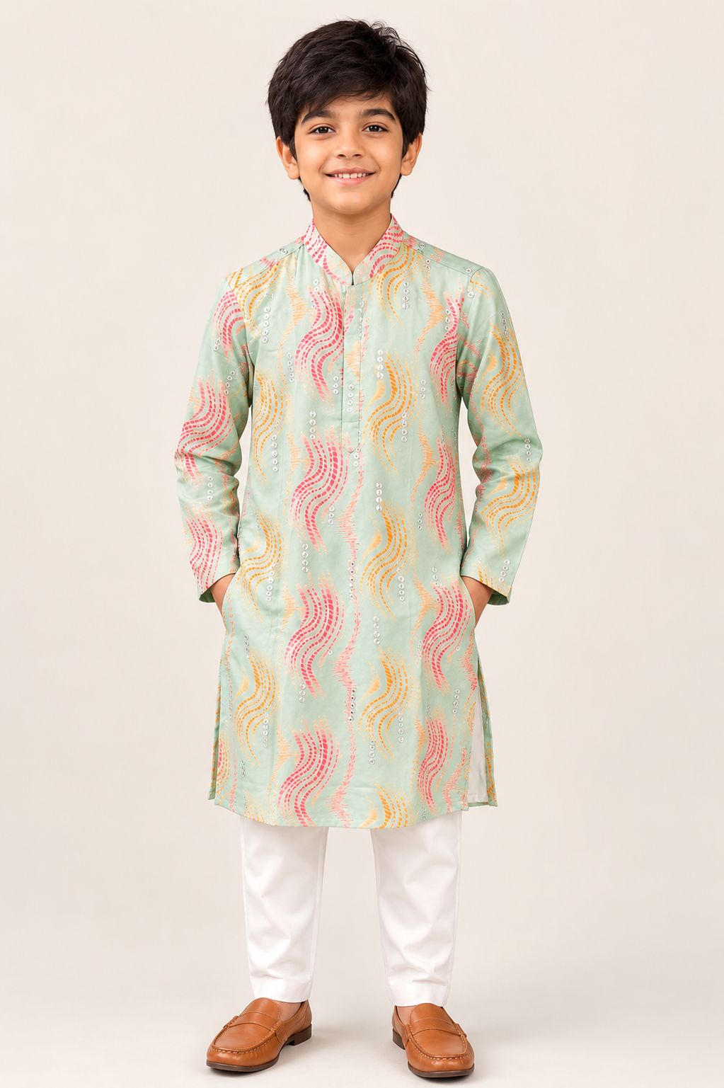 Sabhyashree Boys Mint Green Leheriya Print Silk Kurta with Mirror Work Detailing SS-KK-7003