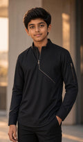 Sabhyashree Boys Modern Black Cotton Shirt with Asymmetric Zipper Detail SS-KS-9004