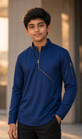 Sabhyashree Boys Modern Navy Blue Cotton Shirt with Asymmetric Zipper Detail SS-KS-9005