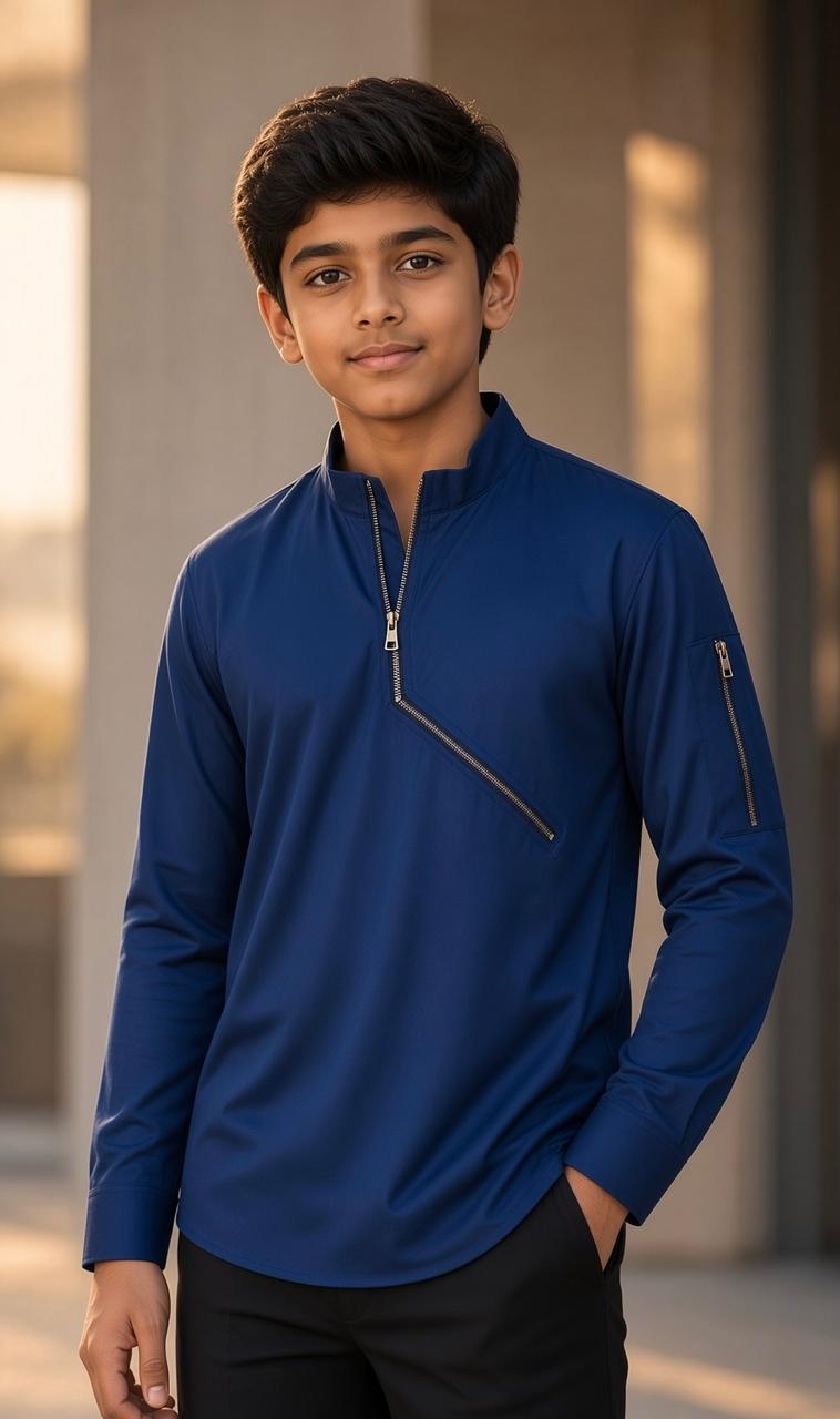 Sabhyashree Boys Modern Navy Blue Cotton Shirt with Asymmetric Zipper Detail SS-KS-9005