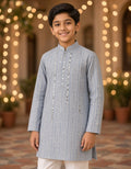 Sabhyashree Boys Powder Blue Bandhani Print Kurta with Mirror Work Placket SS-KK-7001