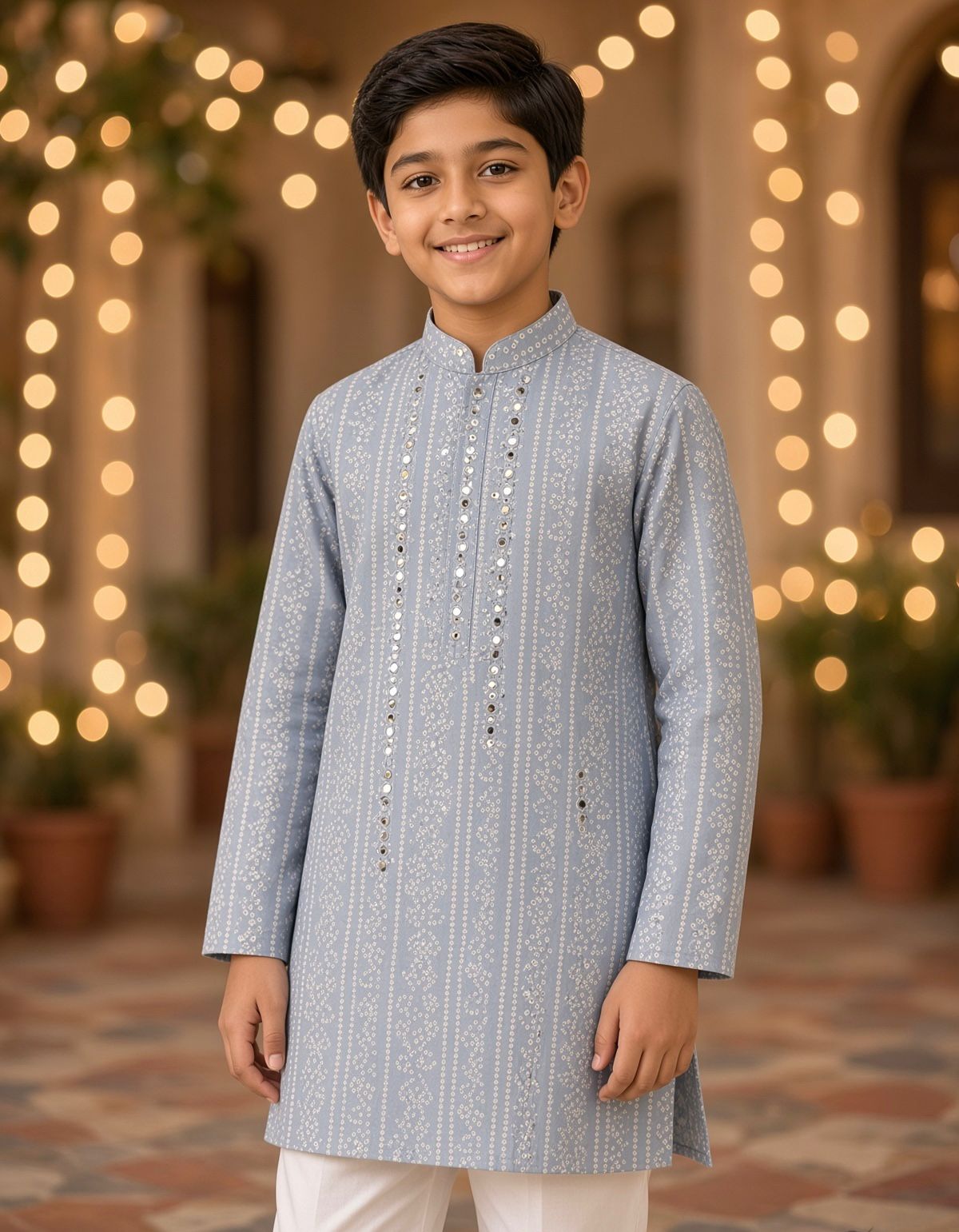 Sabhyashree Boys Powder Blue Bandhani Print Kurta with Mirror Work Placket SS-KK-7001