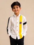 Sabhyashree Boys White Color Block Cotton Casual Shirt with Yellow Stripe & Graphic Patch SS-KS-9007