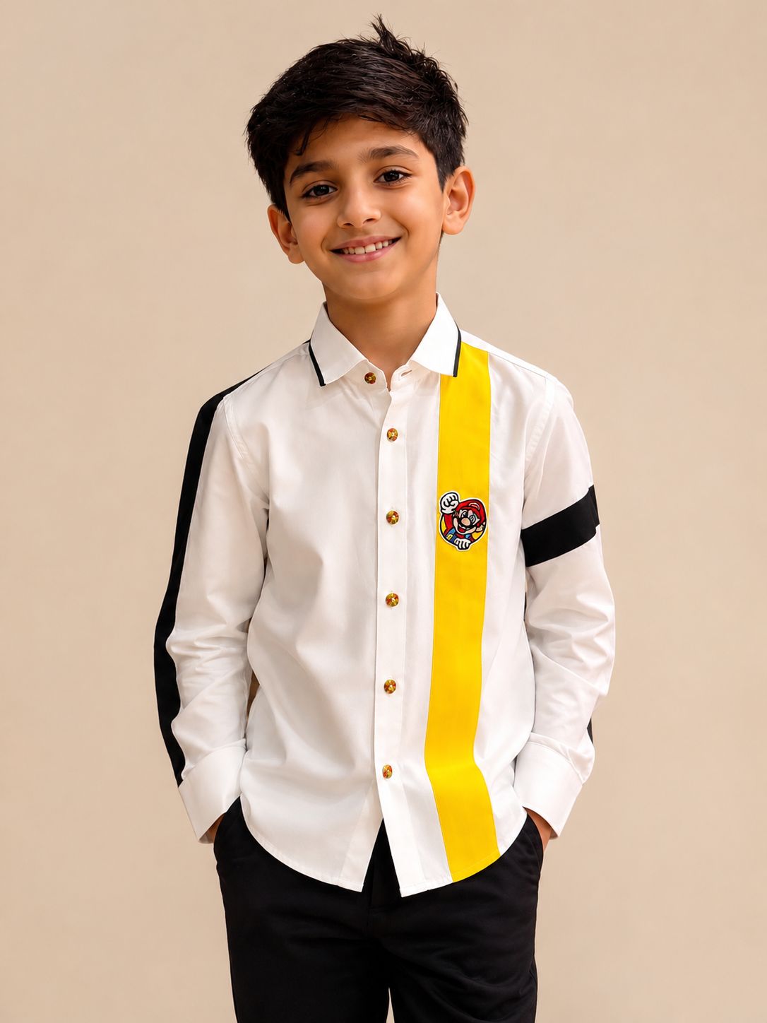 Sabhyashree Boys White Color Block Cotton Casual Shirt with Yellow Stripe & Graphic Patch SS-KS-9007