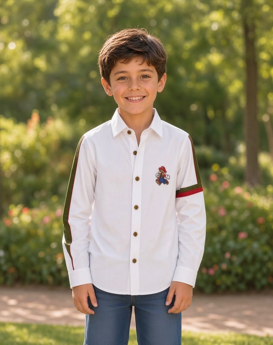 Sabhyashree Boys White Cotton Casual Shirt with Olive Green Striped Sleeves & Graphic Patch SS-KS-9011