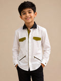 Sabhyashree Boys White Cotton Shirt with Olive Flap Pockets & Zip Detailing SS-KS-9008