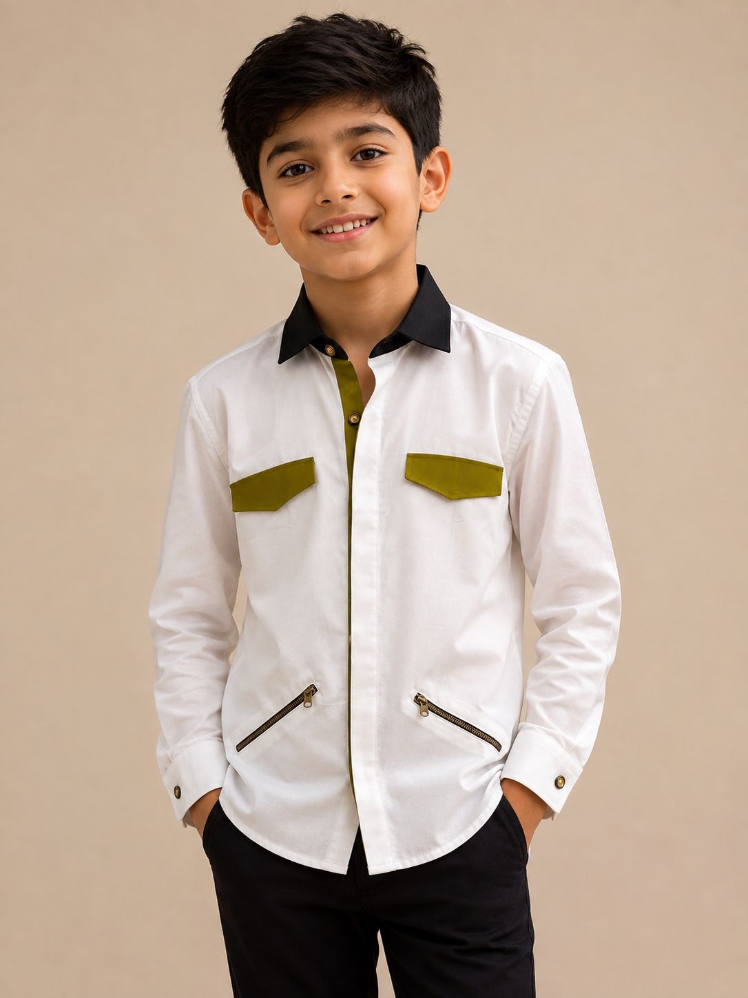 Sabhyashree Boys White Cotton Shirt with Olive Flap Pockets & Zip Detailing SS-KS-9008