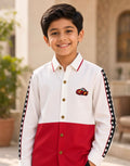 Sabhyashree Boys White & Red Colorblock Cotton Casual Shirt with Race Car Patch SS-KS-9010