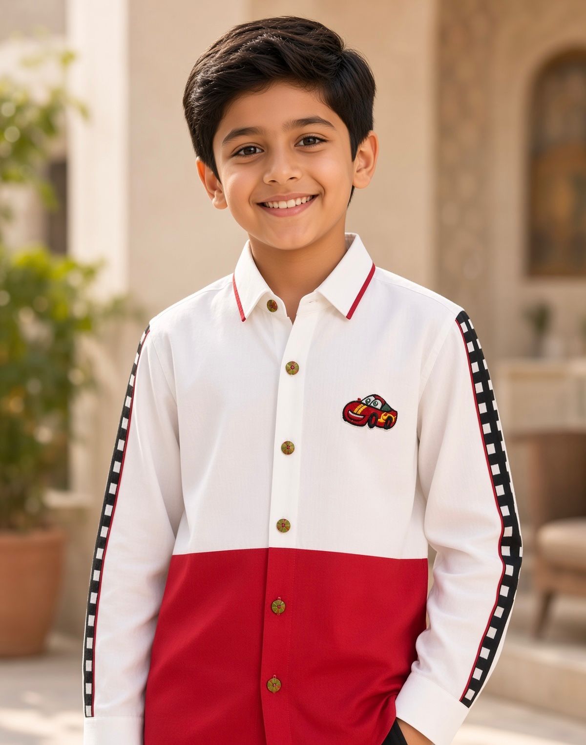 Sabhyashree Boys White & Red Colorblock Cotton Casual Shirt with Race Car Patch SS-KS-9010