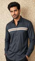 Sabhyashree Charcoal Grey Smart Casual Cotton Shirt with Beige & White Band