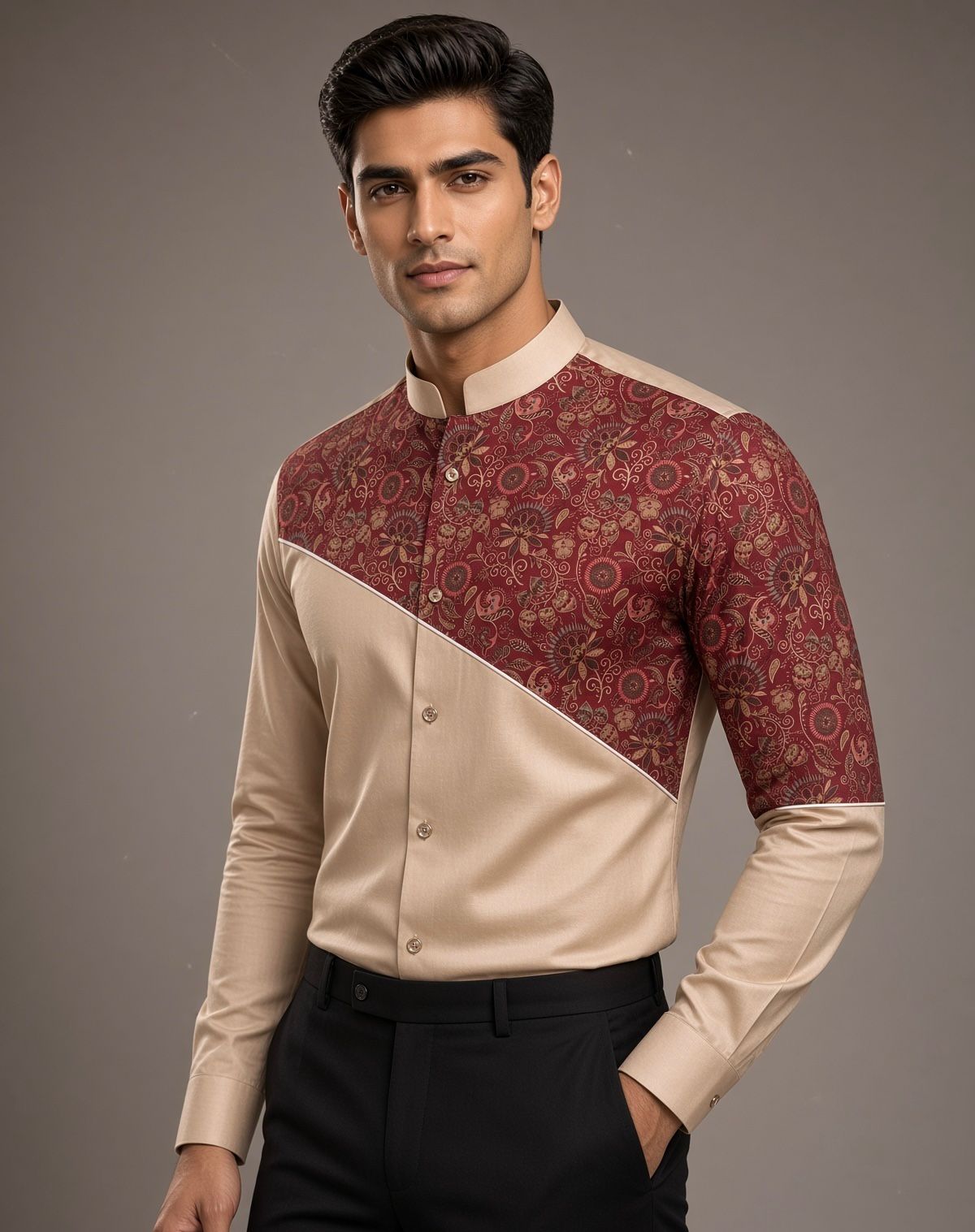 Sabhyashree Men Beige Asymmetric Color Block Cotton Shirt with Maroon Kalamkari Floral Panel SS-AS-1023