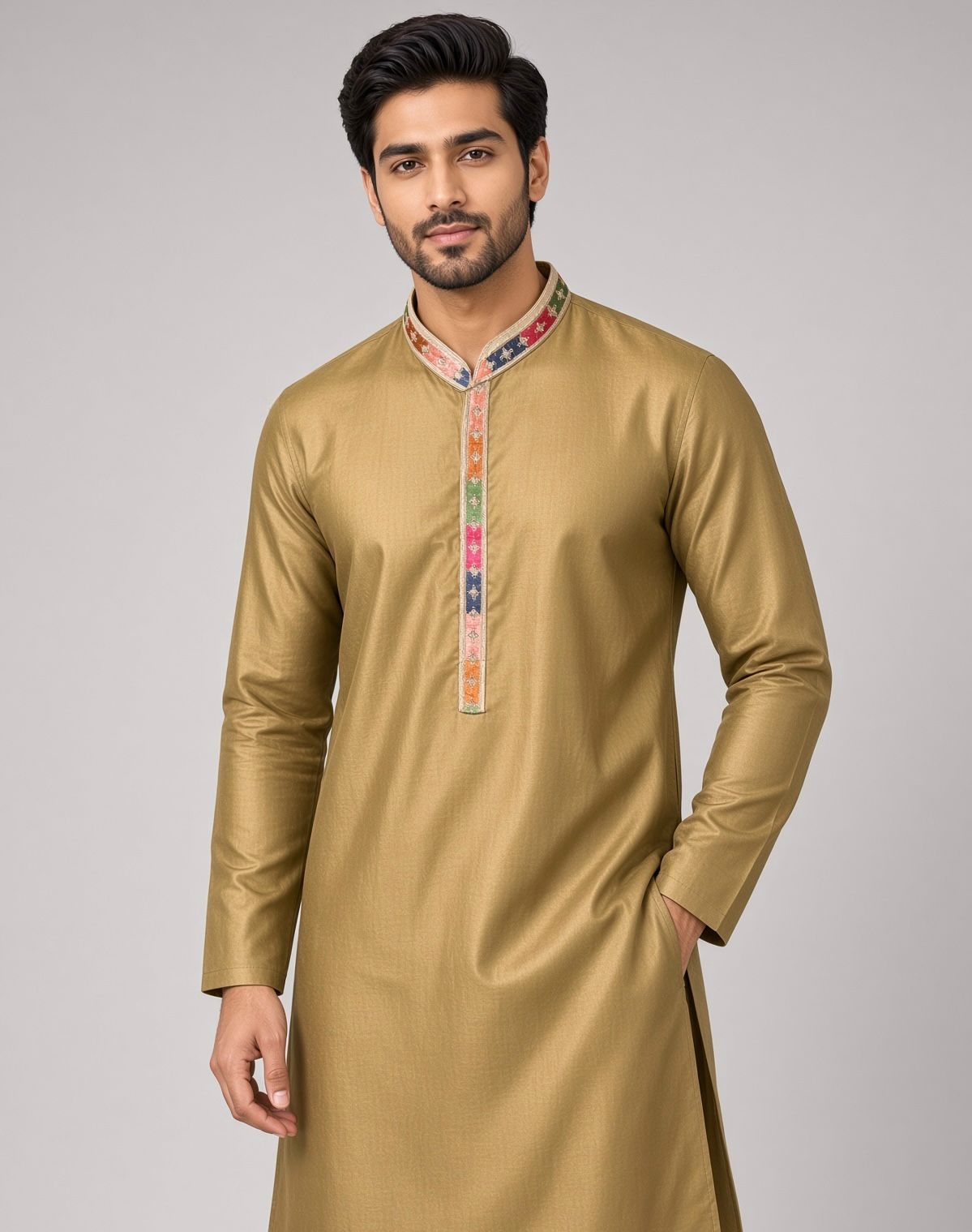 Sabhyashree Men Beige Gold Embroidered Mandarin Collar Cotton Blend Straight Kurta SS-AK-2002