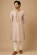 Sabhyashree Men Beige Silk Kurta with Mirror Embroidered Mandarin Collar & Placket SS-AK-2022