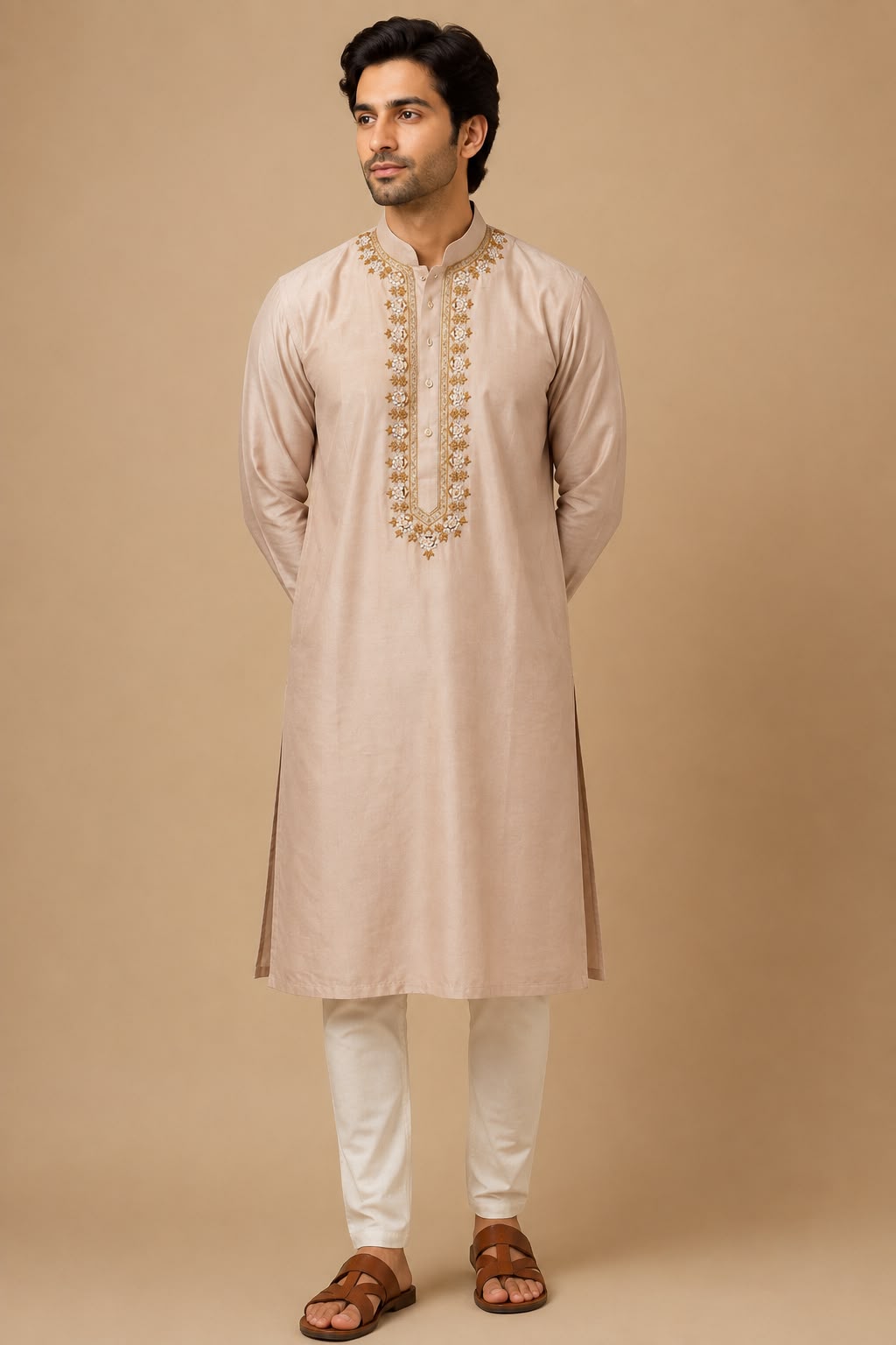 Sabhyashree Men Beige Silk Kurta with Mirror Embroidered Mandarin Collar & Placket SS-AK-2022