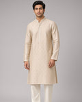 Sabhyashree Men Beige Tussar Silk Straight Kurta with Subtle Booti Weave SS-AK-2018