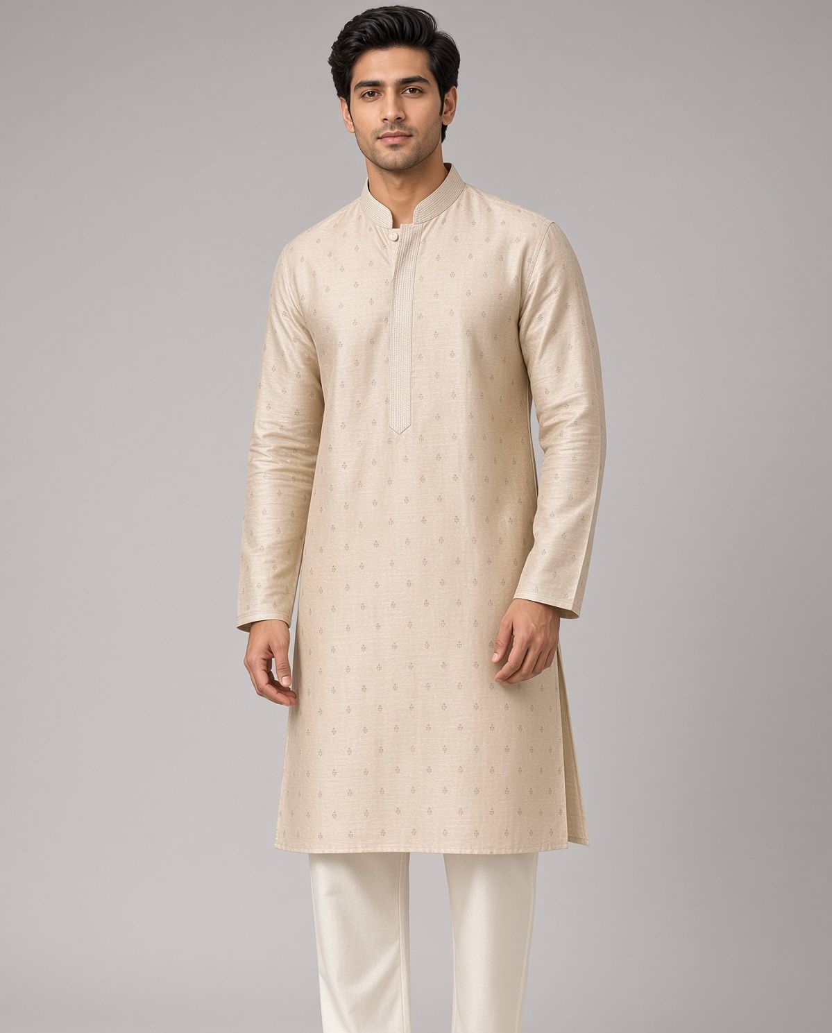 Sabhyashree Men Beige Tussar Silk Straight Kurta with Subtle Booti Weave SS-AK-2018