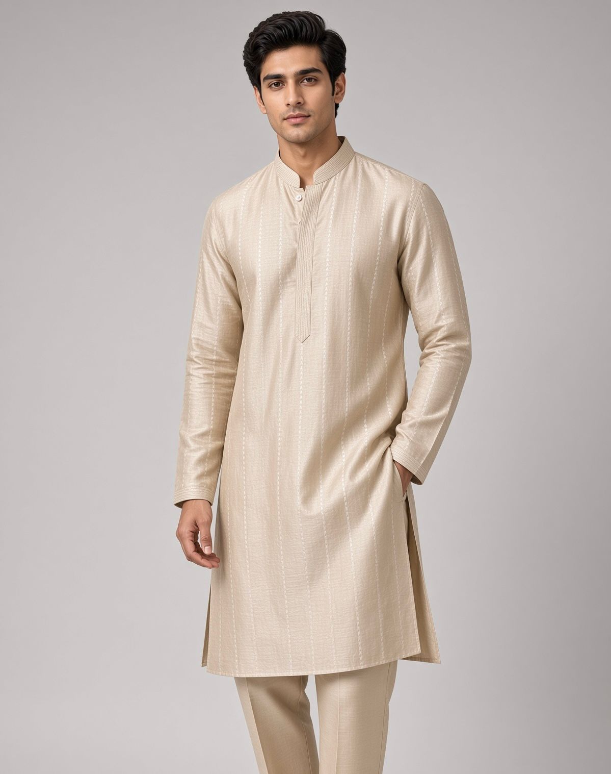 Sabhyashree Men Beige Tussar Silk Straight Kurta with Vertical Stripe Weave SS-AK-2019