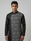 Sabhyashree Men Black Cotton Straight Kurta with Asymmetric Embroidered Panel SS-AK-2014