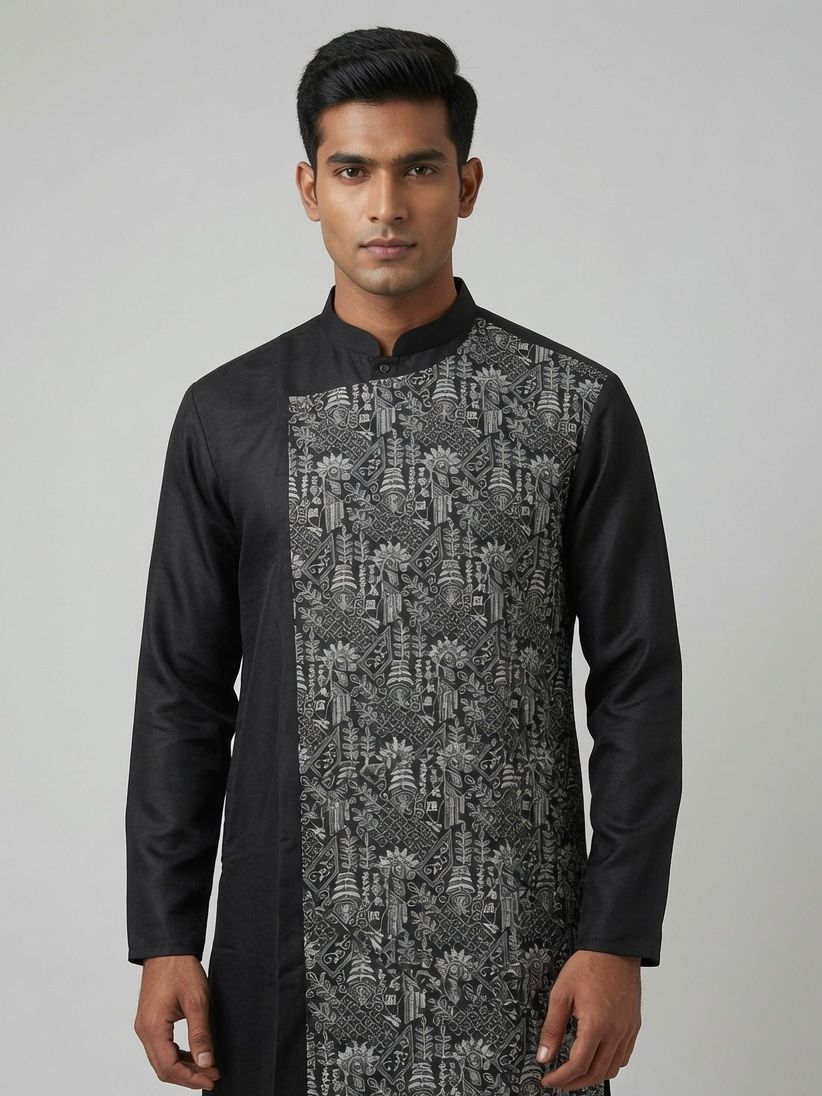 Sabhyashree Men Black Cotton Straight Kurta with Asymmetric Embroidered Panel SS-AK-2014