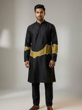 Sabhyashree Men Black Cotton Straight Kurta with Mustard Abstract Color-Block Panel SS-AK-2013