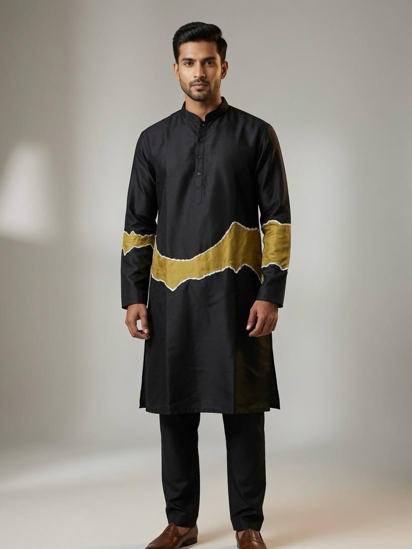 Sabhyashree Men Black Cotton Straight Kurta with Mustard Abstract Color-Block Panel SS-AK-2013