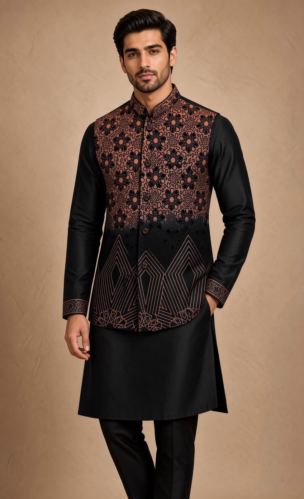 Sabhyashree Men Black & Rust Silk Nehru Jacket with Dual-Tone Floral & Geometric Embroidery SS-BD-1001
