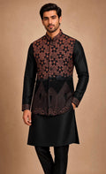 Sabhyashree Men Black & Rust Silk Nehru Jacket with Dual-Tone Floral & Geometric Embroidery SS-BD-1001