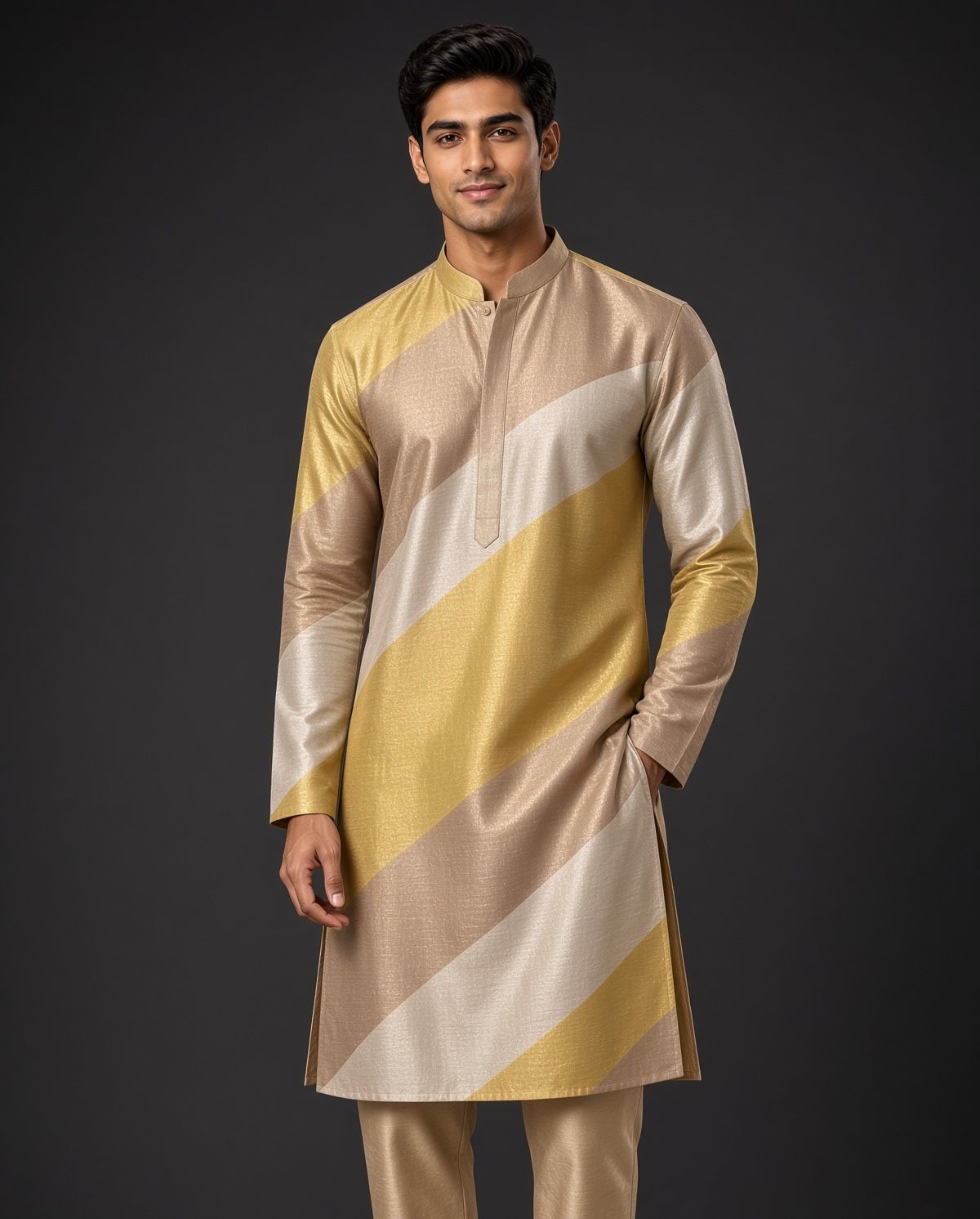 Sabhyashree Men Champagne Gold & Silver Striped Tissue Silk Kurta with Mandarin Collar SS-AK-2010