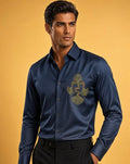 Sabhyashree Men Deep Navy Blue Satin Shirt with Gold Hand-Embroidered Chest Motif SS-AS-1024
