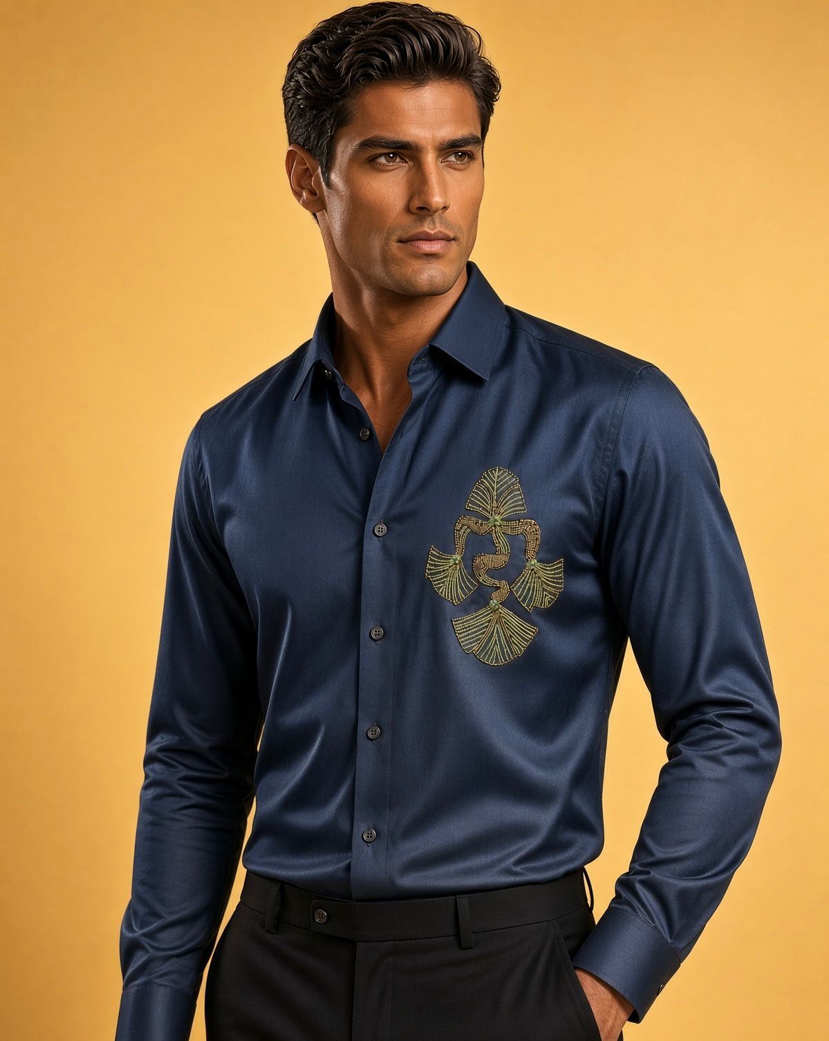 Sabhyashree Men Deep Navy Blue Satin Shirt with Gold Hand-Embroidered Chest Motif SS-AS-1024