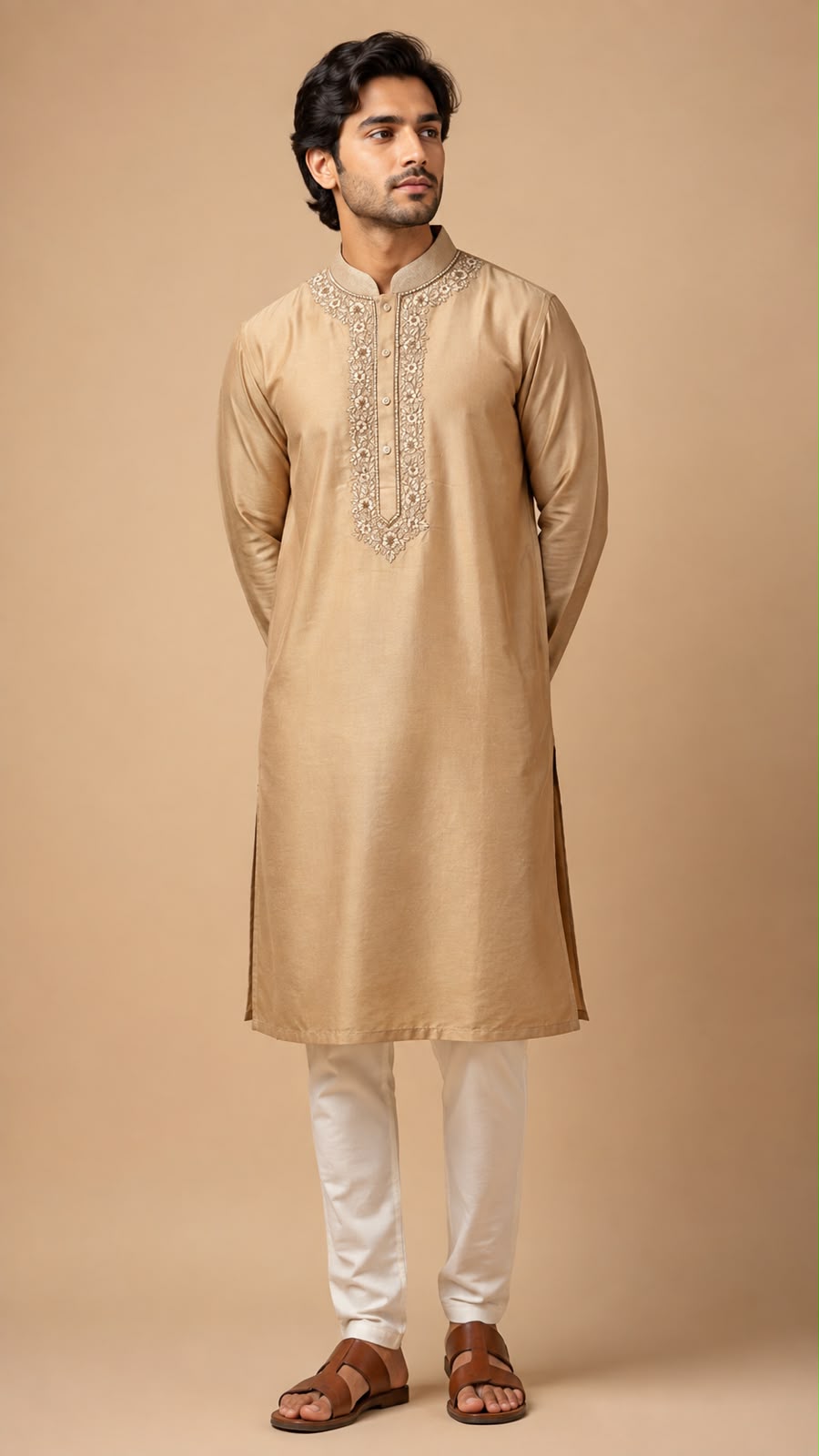 Sabhyashree Men Fawn Beige Silk Kurta with Floral Embroidered Mandarin Collar & Placket SS-AK-2023