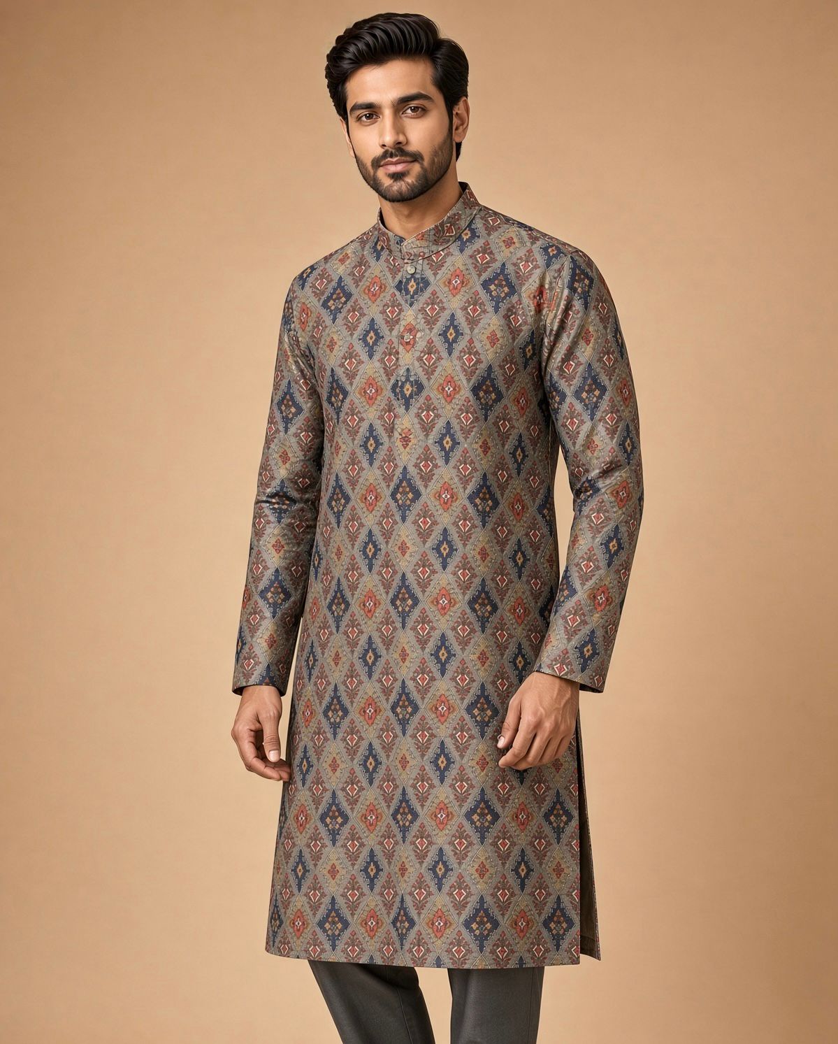 Sabhyashree Men Grey Ikat Geometric Printed Embroidered Mandarin Collar Cotton Straight Kurta SS-AK-2005
