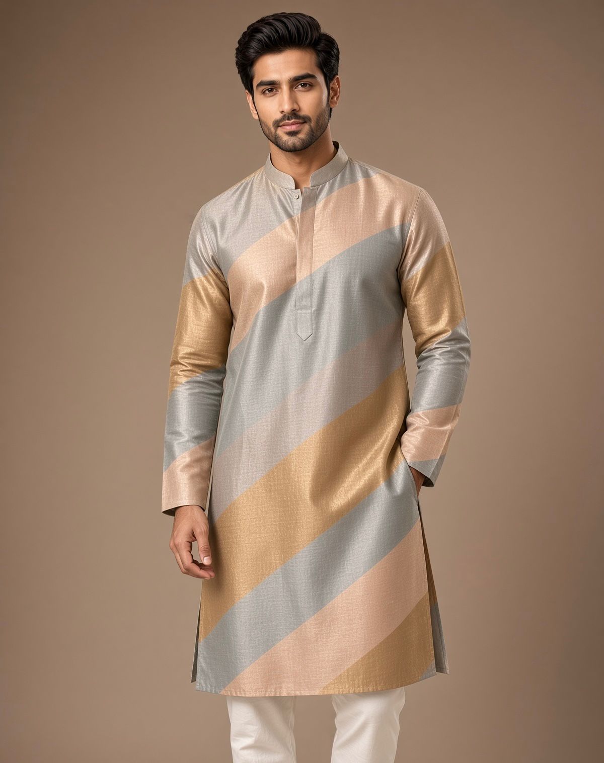 Sabhyashree Men Grey & Gold Diagonal Striped Tissue Silk Kurta with Mandarin Collar SS-AK-2011
