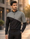 Sabhyashree Men Jet Black Asymmetric Color Block Cotton Shirt with Grey Geometric Jacquard Panel SS-AS-1022