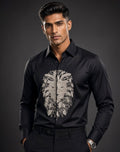 Sabhyashree Men Jet Black Cotton Satin Shirt with Powder Blue Beaded Lion Face Embroidery SS-AS-1027