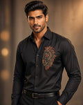 Sabhyashree Men Jet Black Satin Shirt with Gold & Crimson Beaded Lion Face Embroidery SS-AS-1028
