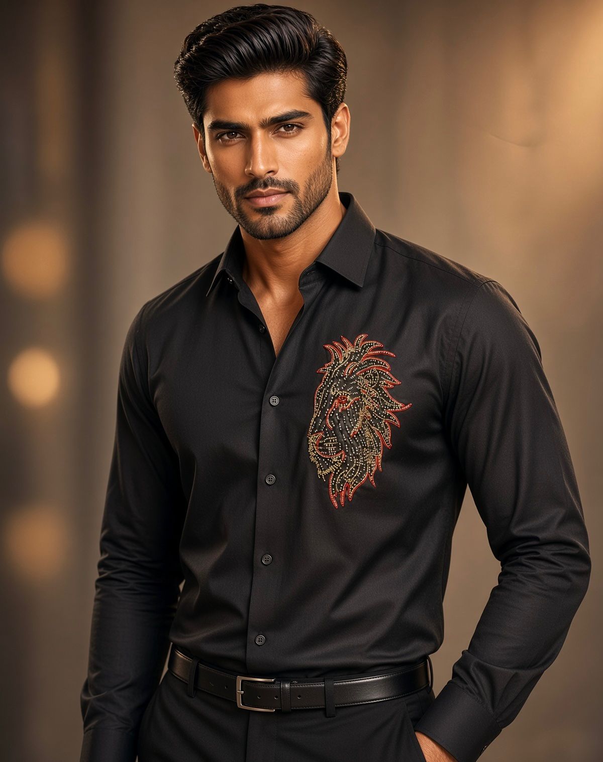 Sabhyashree Men Jet Black Satin Shirt with Gold & Crimson Beaded Lion Face Embroidery SS-AS-1028