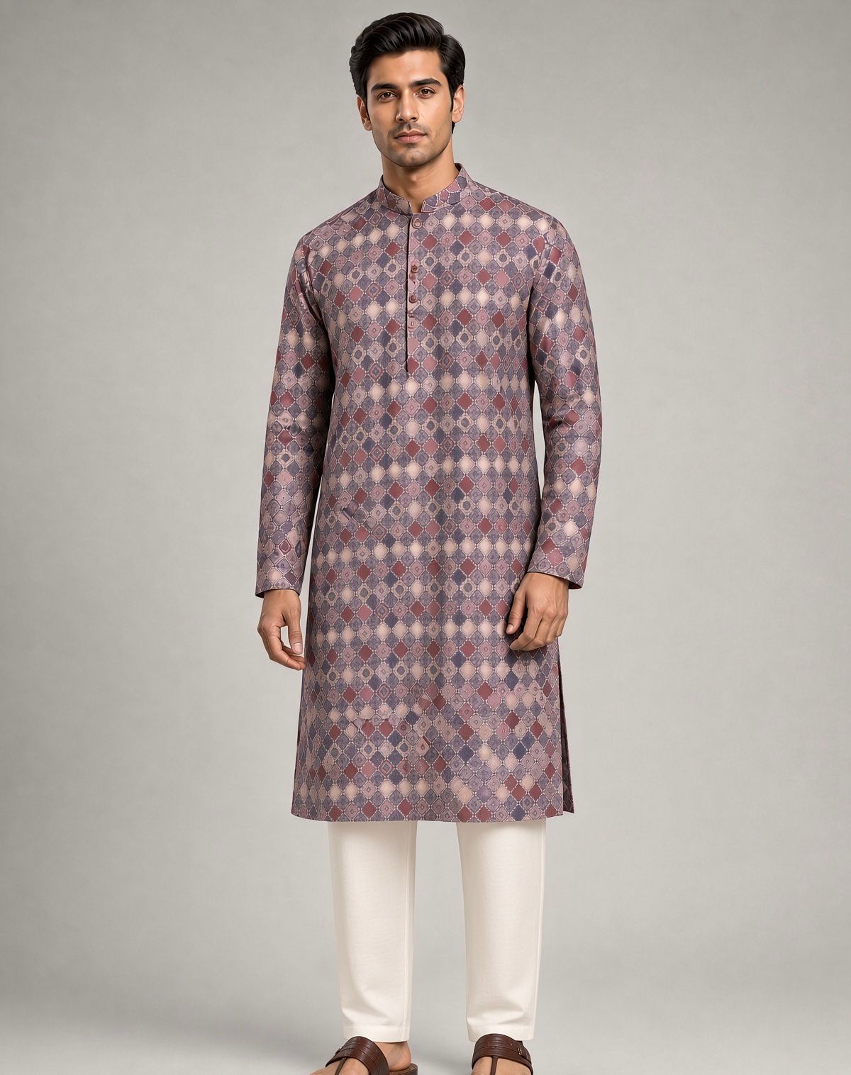Sabhyashree Men Mauve Geometric Printed Cotton Kurta with Mandarin Collar SS-AK-2007