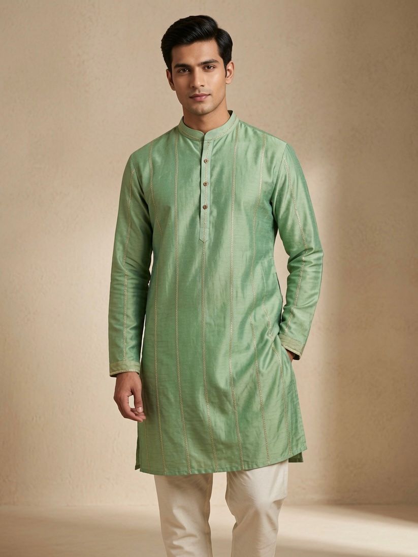 Sabhyashree Men Mint Green Silk Blend Kurta with Vertical Zari Stripes SS-AK-2016