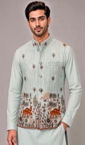 Sabhyashree Men Mint Green Silk Nehru Jacket with Kalamkari Deer & Floral Motif Detailing SS-BD-1017