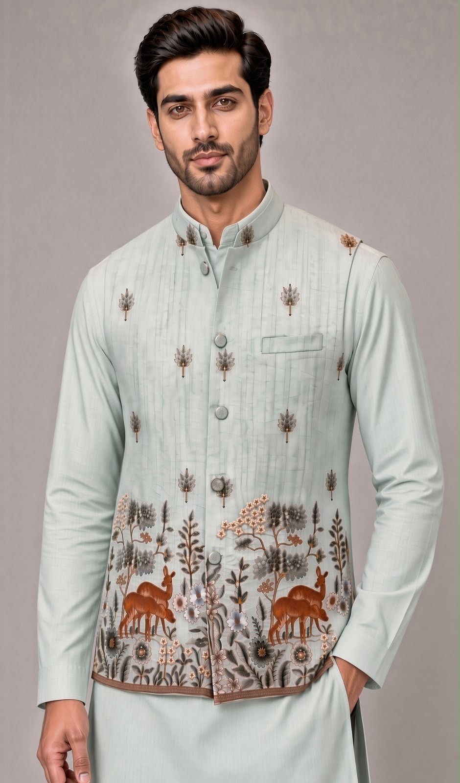 Sabhyashree Men Mint Green Silk Nehru Jacket with Kalamkari Deer & Floral Motif Detailing SS-BD-1017